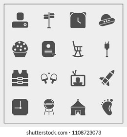Modern, simple vector icon set with sweet, rocket, screen, jacket, contact, barbecue, meat, street, doughnut, road, sport, television, grill, space, clock, ufo, spacecraft, protective, person icons