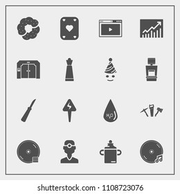 Modern, simple vector icon set with trend, drop, media, cake, dentistry, dvd, dessert, disk, poker, knife, dental, album, web, cd, plastic, sweet, elevator, clinic, concept, nutrition, food icons