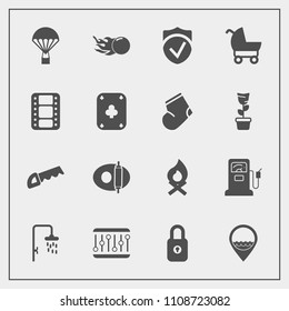 Modern, simple vector icon set with kitchen, jump, bonfire, concept, cooking, film, security, parachute, sky, saw, campfire, baby, lock, check, work, video, carriage, parachuting, shower, flame icons