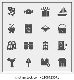 Modern, simple vector icon set with candy, fashion, equipment, water, present, nature, station, drink, cylinder, gym, martini, gas, blossom, t-shirt, lollipop, travel, celebration, sea, sweet icons
