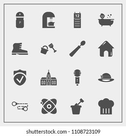 Modern, simple vector icon set with security, bath, seasoning, religious, microphone, building, caffeine, play, reminder, cafe, spice, voice, karaoke, universe, summer, chain, baby, calendar icons