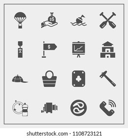 Modern, simple vector icon set with fashion, boat, cap, lifebuoy, safety, wrench, phone, equipment, parachuting, leather, tool, japanese, button, mon, money, headwear, extreme, poker, game, sack icons