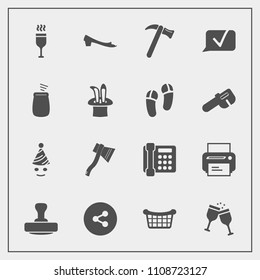 Modern, simple vector icon set with mark, internet, footwear, chat, fun, magic, wrench, sign, store, musical, tool, fashion, hammer, media, communication, print, spanner, phone, equipment, white icons