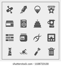 Modern, simple vector icon set with event, wireless, newspaper, firework, dentistry, lighthouse, sea, radio, trash, activity, glass, celebration, dentist, location, drill, spoon, water, kayak icons