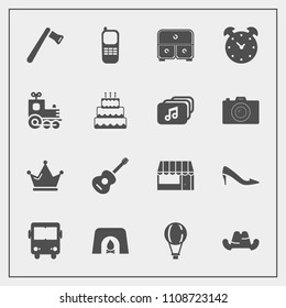 Modern, simple vector icon set with hat, construction, phone, parachute, female, king, clock, grocery, clothing, white, extreme, tool, crown, fashion, alarm, musical, food, market, jump, store icons