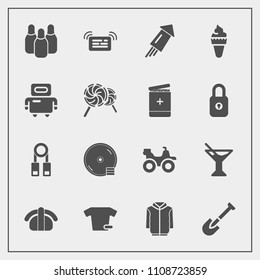 Modern, simple vector icon set with event, quad, clothes, seafood, holiday, cone, festival, notification, cream, clothing, jacket, dirt, fish, sushi, shirt, bowling, salmon, glass, tool, bike icons