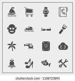 Modern, simple vector icon set with seafood, fish, tropical, watch, market, retail, high, alert, wind, wrench, notification, summer, cart, tool, smart, bell, game, ufo, palm, nature, hammer, sea icons