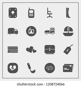 Modern, simple vector icon set with comfortable, tag, service, cheeseburger, snack, footwear, ladle, chair, background, home, concept, soup, play, valentine, romance, drawer, old, flight, phone icons