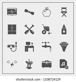 Modern, simple vector icon set with paddle, pink, decoration, summer, organic, snorkel, sink, bouquet, desk, floral, water, drink, tap, ecology, alcohol, health, business, work, table, boat, sea icons