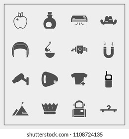 Modern, simple vector icon set with food, space, cap, clothing, musical, nature, crown, conditioner, phone, old, fruit, mediterranean, luxury, communication, apple, organic, guitar, security icons