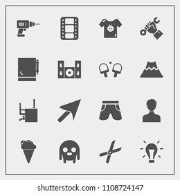 Modern, simple vector icon set with entertainment, baby, hand, cut, equipment, film, wear, light, electricity, dessert, energy, desk, cursor, space, idea, profile, ufo, clothes, child, food, web icons