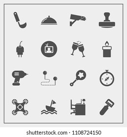 Modern, simple vector icon set with mark, nautical, charger, potato, drill, sailboat, energy, compass, drone, table, power, cable, toy, soup, desk, map, rattle, north, stamp, service, security icons
