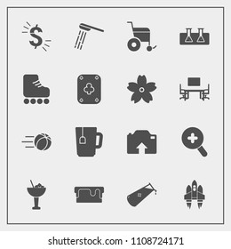 Modern, simple vector icon set with photo, glass, skating, sweet, drink, science, soccer, chemistry, space, pie, fun, spaceship, usd, dollar, sport, water, poker, cocktail, bath, bar, leisure icons
