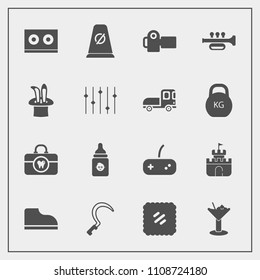 Modern, simple vector icon set with hygiene, mail, food, postage, agriculture, health, photo, stamp, sickle, casette, cocktail, alcohol, photographer, sign, clean, background, footwear, tool icons