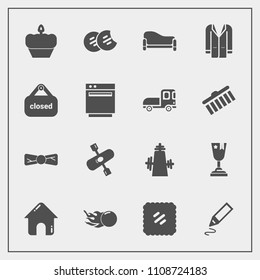 Modern, simple vector icon set with object, stamp, estate, snack, tie, pen, kitchen, building, postage, interior, couch, award, kayak, real, sign, stationery, winner, space, kayaking, sweet, bow icons