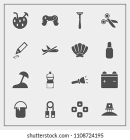 Modern, simple vector icon set with electric, stationery, play, juice, cocktail, space, astronaut, game, flashlight, cleaner, travel, computer, house, office, battery, shine, interior, sea, tool icons