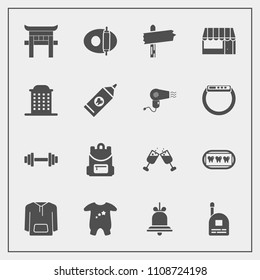 Modern, simple vector icon set with bell, torii, gym, cooking, pan, food, supermarket, fitness, alcohol, school, market, store, baby, business, bag, alert, japanese, red, fun, clothes, health icons