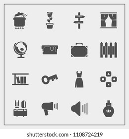 Modern, simple vector icon set with room, business, key, audio, map, direction, aroma, book, home, curtain, food, planet, dish, volume, communication, way, plant, computer, pot, megaphone, sound icons