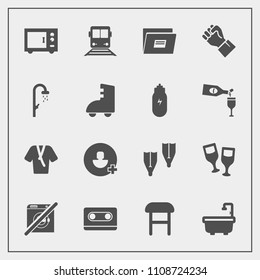 Modern, simple vector icon set with audio, tape, bathroom, flipper, account, finger, travel, drink, bathrobe, underwater, paper, wash, glass, microwave, home, fashion, train, armchair, people icons