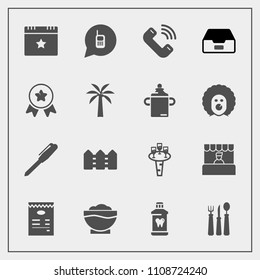 Modern, simple vector icon set with achievement, glass, first, file, liquid, office, document, star, hygiene, supermarket, phone, grocery, fork, event, pen, food, fence, menu, winner, knife icons