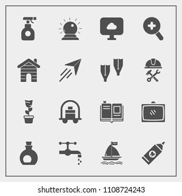 Modern, simple vector icon set with sprayer, brush, luggage, pot, textbook, care, healthy, wind, pesticide, book, service, bellboy, education, hygiene, spray, green, plant, library, television icons