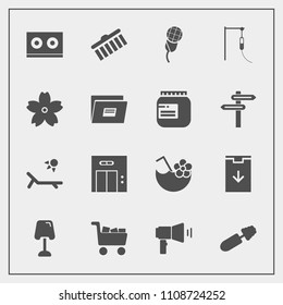 Modern, simple vector icon set with cart, music, glass, collection, spring, sakura, sign, sound, flower, entrance, lift, table, cocktail, fashion, sunny, lamp, audio, megaphone, mic, shape, web icons