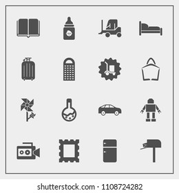 Modern, simple vector icon set with refrigerator, nutrition, message, plastic, machine, mail, mailbox, floral, cargo, book, bus, camera, video, left, nature, delivery, tool, education, highway icons