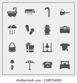 Modern, simple vector icon set with wagasa, cream, car, music, lollipop, air, research, wet, vehicle, phone, water, food, sweet, weather, bag, machine, chemistry, culture, footwear, bow, box icons