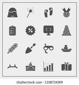 Modern, simple vector icon set with cap, ship, sport, award, up, city, boat, architecture, present, kebab, construction, business, fashion, clothing, tool, footwear, building, diagram, equipment icons