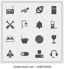 Modern, simple vector icon set with auto, technology, sound, car, glass, refrigerator, deactivate, energy, tree, trumpet, contact, spaceship, media, double, off, bed, bedroom, rocket, radio icons