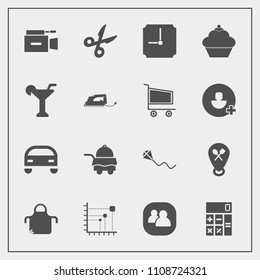 Modern, simple vector icon set with dessert, calculator, summer, team, martini, alcohol, joy, cook, service, pinafore, kitchen, diagram, group, chef, data, time, sky, location, food, film, hour icons