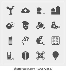 Modern, simple vector icon set with tea, seafood, parachuting, business, toy, play, drone, clothing, martini, bowling, agenda, white, kite, internet, stove, oven, phone, teapot, sign, hot, sky icons
