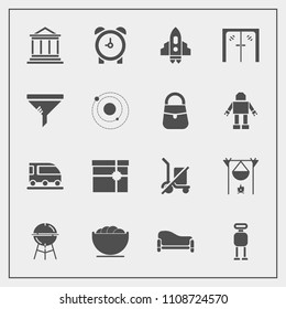 Modern, simple vector icon set with time, shopping, transportation, scale, barbecue, alarm, bbq, white, van, hot, train, empty, technology, cyborg, business, dish, bank, transport, bonfire, home icons
