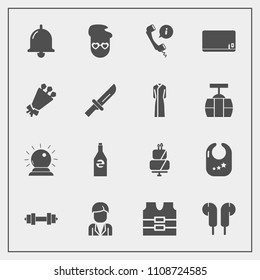 Modern, simple vector icon set with pie, graphic, dessert, sweet, center, magic, call, equipment, food, safety, male, infant, liquid, toy, beverage, cake, drink, white, school, child, music, boy icons