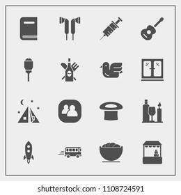 Modern, simple vector icon set with people, medical, store, speed, bowl, dish, market, wine, camp, empty, alcohol, adventure, clinic, rocket, audio, drill, travel, music, transport, outdoor, hat icons