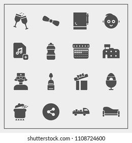 Modern, simple vector icon set with pot, room, page, couch, home, glass, baby, celebration, alcohol, health, button, sign, meal, care, spring, internet, delivery, dish, kid, child, dessert, box icons