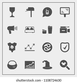 Modern, simple vector icon set with mon, ringing, object, stats, telephone, graph, alcohol, clothing, road, street, mail, japanese, post, rucksack, sign, mailbox, baby, fashion, circus, data icons