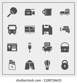 Modern, simple vector icon set with balloon, hot, sweet, camera, adventure, futuristic, leisure, table, glass, robot, fashion, wine, parachute, technology, tent, cyborg, ping, bag, red, security icons