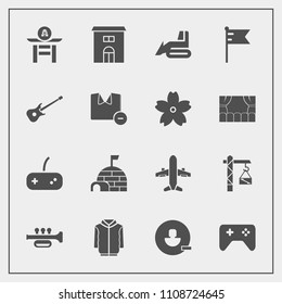 Modern, simple vector icon set with igloo, sound, airplane, guitar, joystick, account, building, america, plane, saw, taiko, remove, bulldozer, clothing, real, house, play, music, hammer, game icons