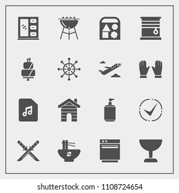 Modern, simple vector icon set with appliance, gas, sword, cooking, interior, cabinet, music, barbecue, meat, noodle, building, samurai, stove, food, window, japanese, meal, real, check, search icons