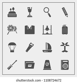 Modern, simple vector icon set with street, saw, background, lollipop, first, wind, place, air, glass, sign, leaf, boat, file, equipment, summer, doughnut, award, work, travel, road, winner, hot icons