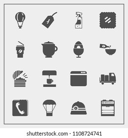 Modern, simple vector icon set with balloon, spray, chef, decoration, web, internet, easter, sign, parachute, parachuting, hat, tag, post, mail, kitchen, teapot, breakfast, oven, food, extreme icons