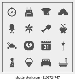 Modern, simple vector icon set with grass, schedule, heart, bucket, chef, vehicle, tent, beacon, broken, day, drink, work, love, wine, car, uniform, sea, ocean, garden, job, clothes, gardening icons