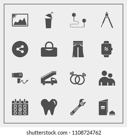 Modern, simple vector icon set with wrench, book, diamond, care, romance, man, hammer, timetable, health, map, blow, human, frame, travel, ring, dental, people, beverage, day, calendar, photo icons