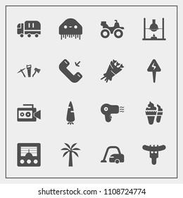 Modern, simple vector icon set with home, equipment, dirt, dryer, film, extreme, raw, cargo, truck, science, camera, cleaner, handle, alien, vegetable, car, food, radio, housework, delivery,  icons