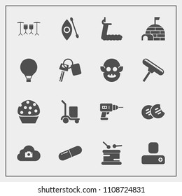 Modern, simple vector icon set with sweet, water, medical, kayak, delivery, person, parachute, photo, instrument, cargo, social, activity, drill, sport, snack, igloo, work, web, medicine, hand icons