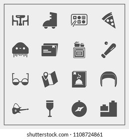 Modern, simple vector icon set with fiction, map, lunch, monster, red, guitar, play, skating, roller, pin, space, menu, ball, toy, home, eyeglasses, alcohol, compass, pizza, helmet, glass, sport icons