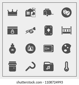 Modern, simple vector icon set with website, fashion, transportation, bottle, television, lock, money, train, finance, food, web, vehicle, king, beauty, music, sickle, jar, coffee, tv, perfume icons
