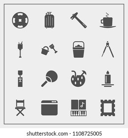 Modern, simple vector icon set with tool, hammer, frame, decoration, luggage, note, web, cocktail, table, drink, casino, sign, liquid, water, picture, flame, internet, candle, light, border, bag icons