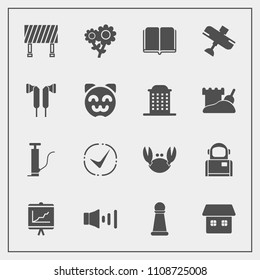 Modern, simple vector icon set with crab, education, seafood, document, fresh, sign, literature, chess, pump, food, business, street, nature, traffic, flight, volume, sea, astronaut, sound, king icons